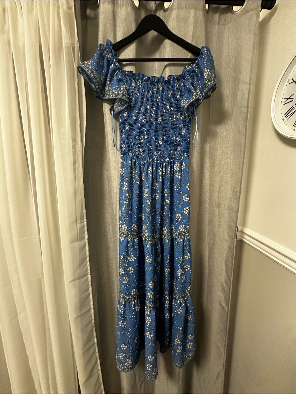Max Studio Blue Floral Smocked Maxi Dress with Ruffled Sleeves